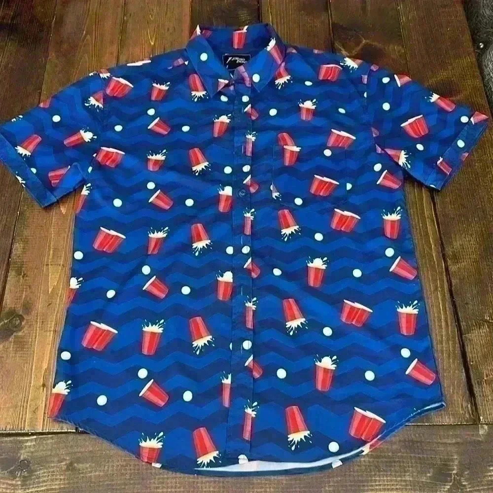 VGUC Mens 7 Brand Men’s Beer Pong Short Sleeve Button Down - Size L